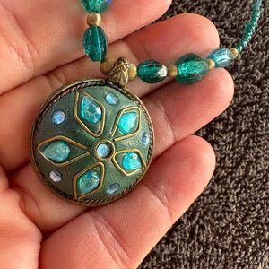 Vivid teal blue inlaid jeweled cloisonne Bollywood choker necklace